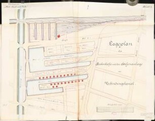 Hafenanlage mit Hafenbahn an der Unterspree, Berlin Schinkelwettbewerb 1888: Bahnhof und Hafenanlage. Lageplan 1:1000