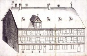 Ansicht des Gymnasiums, mit Holzkonstruktion (29,5 x 46 cm)