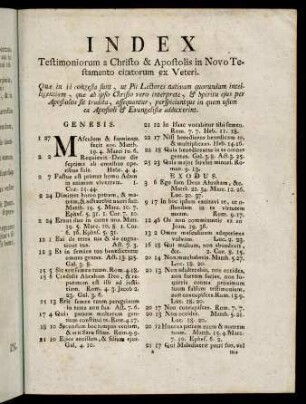 a1r-b4r, Index. Testimoniorum a Christo & Apostolis in Novo Testamento citatorum ex Veteri; Hebraicorum Chaldaeorum