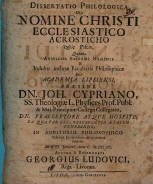 Dissertatio Philologica De Nomine Christi Ecclesiastico Acrosticho Ichthys Piscis