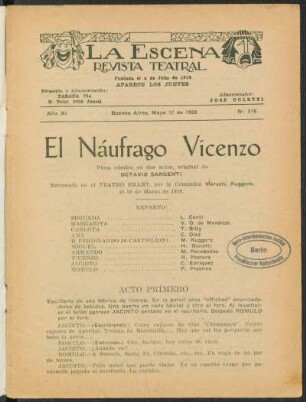 El náufrago Vicenzo : pieza cómica en dos actos