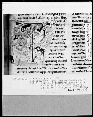 Stuttgarter Passionale — Pars hiemalis (erster Band) — Initiale T (emporibus Diocletiani), darin Marter der Heiligen Primus und Felicianus, Folio 88recto