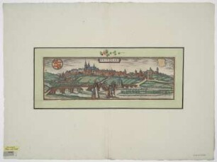 Ansicht von Fritzlar, Radierung, um 1593 : Fritzlar / [Stecher: Franz Hogenberg. Hrsg.: Georg Braun]. - [Coloniae Agrippiae] , [1593]. - 1 Ansicht : Radierung ; 48 x 15 cm. Titelkartusche oben Mitte. - Mit Stadtwappen u. 1 leeren Wappenkartusche. - Mit 3 Figuren im Vordergrund