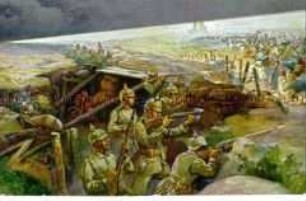 Deutsche Soldaten im Schützengraben werden von französischen Soldaten angegriffen