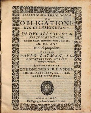 Assertiones theol. de obligationibus ex laesione famae