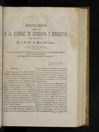 Dictamen presentado a al sociedad de geografia y estadistica de Mexico