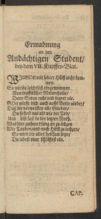 Ermahnung an den Andächtigen Student/ bey dem VII. Kupffer-Blat.