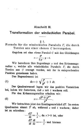 § 1. Formeln für die windschiefen Parabeln ..., die durch Torsion aus einer ebenen C hervorgehen.