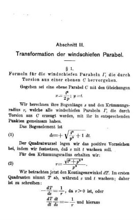 § 1. Formeln für die windschiefen Parabeln ..., die durch Torsion aus einer ebenen C hervorgehen.