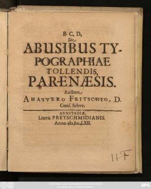De Abusibus Typographiae Tollendis, Paraenaesis