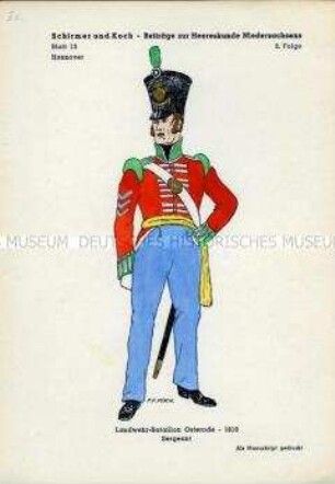 Uniformdarstellung, Sergeant des Landwehr-Bataillons Osterode, Königreich Hannover, 1816.