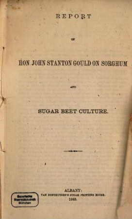 Report on Sorghum and Sugar Beet Culture