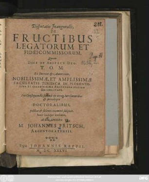 Disputatio Inauguralis, De Fructibus Legatorum Et Fideicommissorum