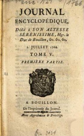 Journal encyclopédique ou universel. 1766, 5