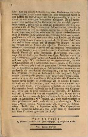 Declaratie Van Den Keyser Ende Koning, Raekende de Edicten ende Ortdonnantien de welke gepubliceert waeren op den eersten April 1787. Van den 17. December 1787