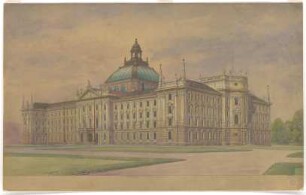 Thiersch, Friedrich von; München; Justizpalast - Hauptfassade u. Seitenfassade (Perspektive)
