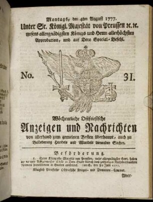 No. 31. Montags, den 4ten August 1777.