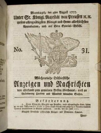 No. 31. Montags, den 4ten August 1777.