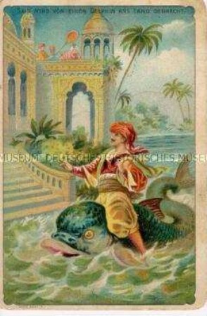 Sammelbild "Der Ritt auf einem Delphin"; mit Werbung für Varo-Margarine; um 1908