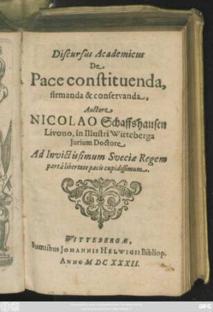 Discursus Academicus De Pace constituenda, firmanda & conservanda