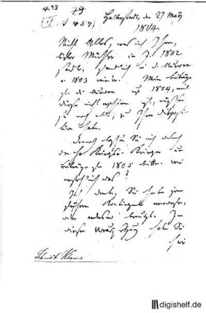 43: Brief von Klamer Eberhard Karl Schmidt an Karl Müchler : Becker, Rudolf Zacharias; Becker, W. G.;
