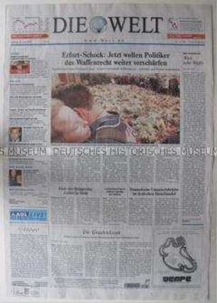 Tageszeitung "Die Welt" zum Amoklauf eines Schülers in Erfurt