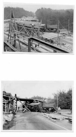 Überführung der L 558 Bruchsal - Büchenau in km 610,661 Wiederaufbau 1949/50 Einsturz des Lehrgerüsts durch Anfahren eines Lkw im Dezember 1949.