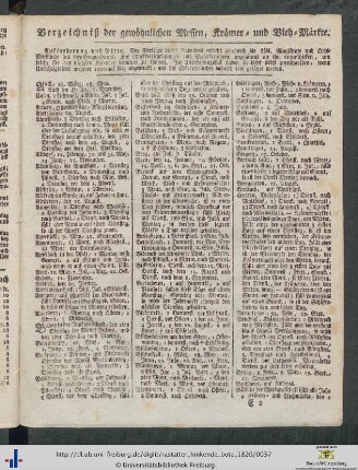 Verzeichniß der gewöhnlichen Messen, Krämer- und Vieh-Märkte.