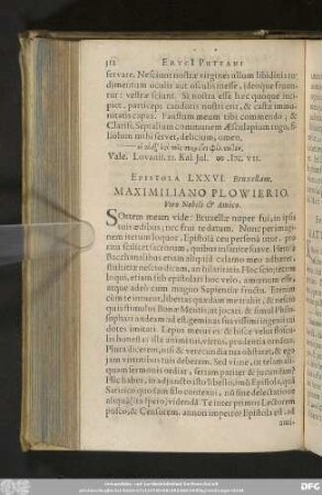Epistola LXXVI. Bruxellam. Maximiliano Plowierio. Viro Nobili & Amico.