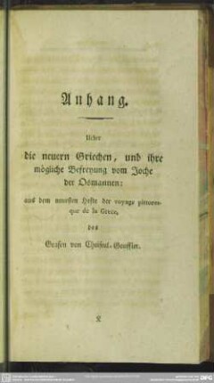 Anhang. Ueber die neueren Griechen, und ihre mögliche Befreyung vom Joche der Osmannen
