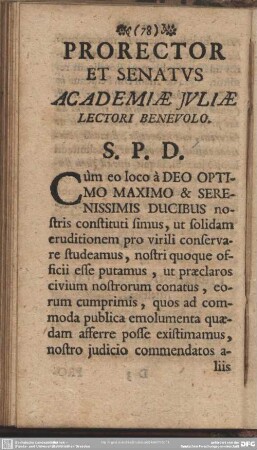 Prorector Et Senatus Academiae Juliae Lectori Benevolo