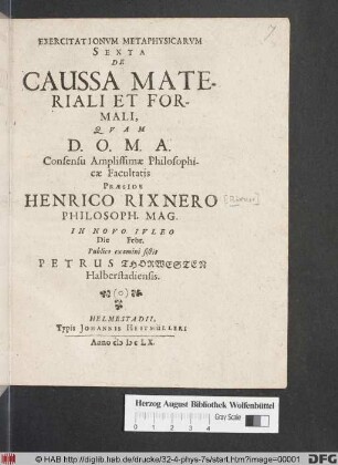 Exercitationum Metaphysicarum Sexta De Caussa Materiali Et Formali