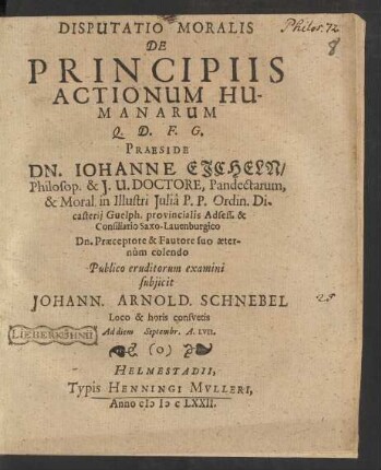 Disputatio Moralis De Principiis Actionum Humanarum