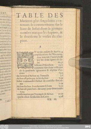 Table Des Matieres plus singulieres contenues és commentaires sur le liure de Iosué: dont le premier nombre marque le chapitre, & le deuxieme le verset du chapitre.