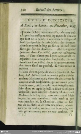 Lettre CCCCLXXXVII. A Paris, ce Lundi, 29. Novembre, 1688