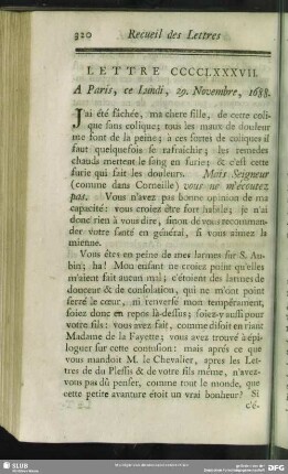 Lettre CCCCLXXXVII. A Paris, ce Lundi, 29. Novembre, 1688