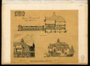 Korpshaus Monatskonkurrenz Januar 1903: Aufriss Vorderansicht, Seitenansicht, Längsschnitt 1:150; Maßstabsleiste