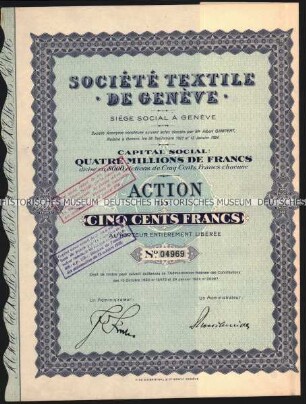 Aktie der Société Textile de Genève über 500 Schweizer Franken mit Kupons
