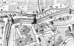 Zittau. Wasserpforte (F) und Pfortmühle (T), Ausschnitt aus: Prospekt der Stadt Zittau, 1757 (Sign.: VIII 130)