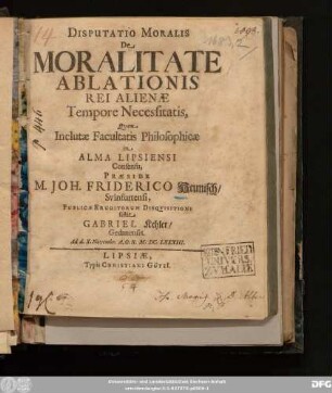 Disputatio Moralis De Moralitate Ablationis Rei Alienae Tempore Necessitatis