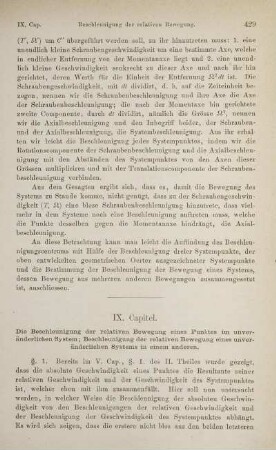 IX. Capitel. Die Beschleunigung der relativen Bewegung eines Punktes im unveränderlichen System; Beschleunigung der relativen Bewegung eines unveränderlichen Systems in einem anderen.