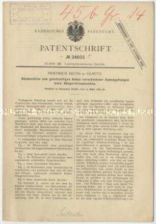 Patentschrift einer Sämaschine zum gleichzeitigen Anbau verschiedener Samengattungen bzw. Düngerstreumaschinen, Patent-Nr. 24602