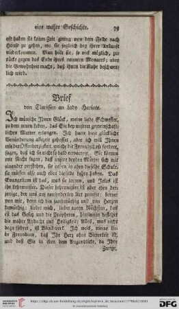 Brief von Clarissen an Lady Hariote