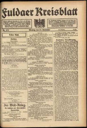 Erste Ausgabe vom Montag, den 27. November 1916.