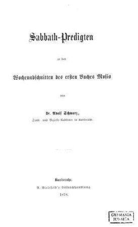 Sabbath-Predigten zu den Wochenabschnitten des ersten Buches Moses