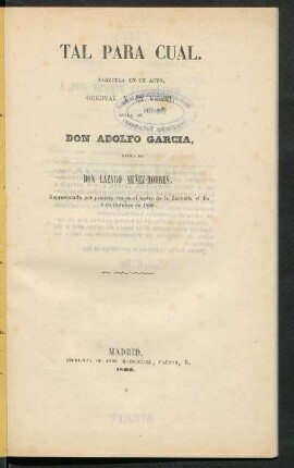 Tal para cual : zarzuela en un acto, original y en verso