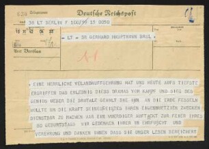 Brief von Friedrich Bergius und Ottilie Bergius an Gerhart Hauptmann