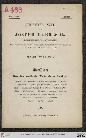 Nr. 466: Lagerkatalog / Josef Baer & Co., Frankfurt a.M.: Miscellanea