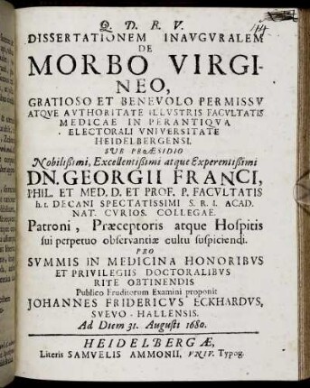 Dissertationem Inauguralem De Morbo Virgineo
