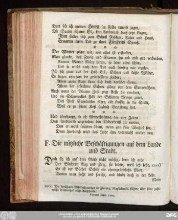 F. Die nützliche Beschäftigungen auf dem Lande und Stadt.